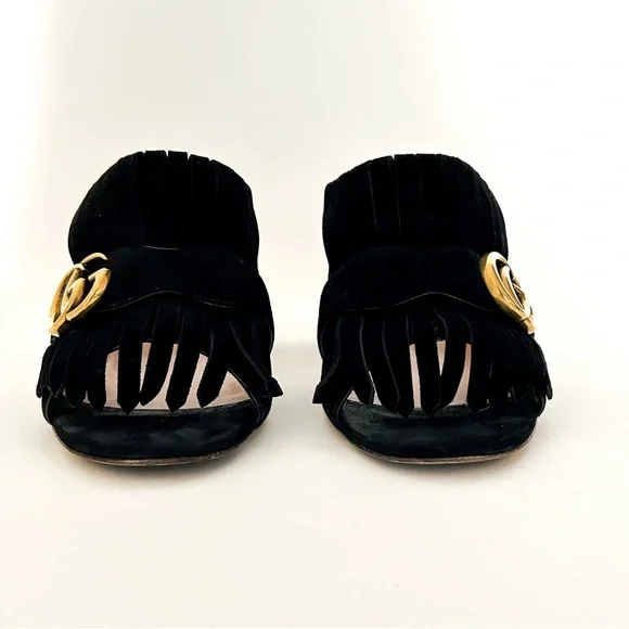 Gucci Marmont GG Logo Black Suede Fringe High Heeled Slip On Mules Slides 38.5 - Picture 3 of 12
